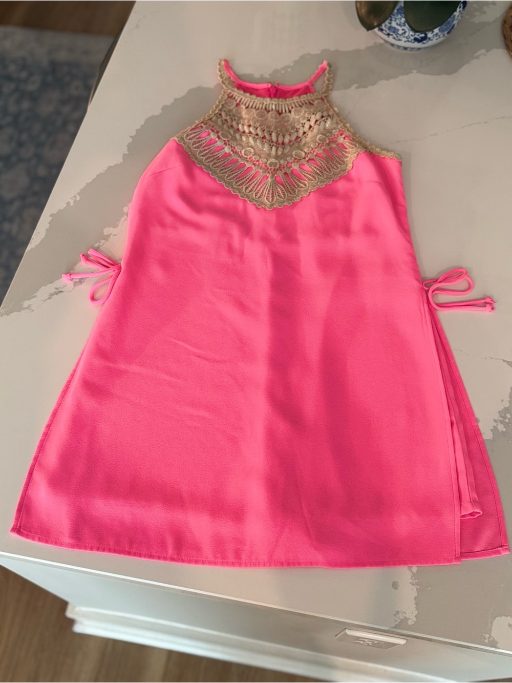 Lilly Pulitzer | Hot Pink Shift-Dress Romper with Gold Appliqué | Size 4